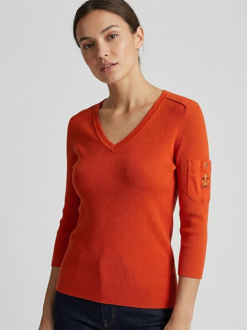 Lauren Ralph Lauren Ribbed V-Neck Top 3/4 Sleeve Anchor Pocket Knit Shirt